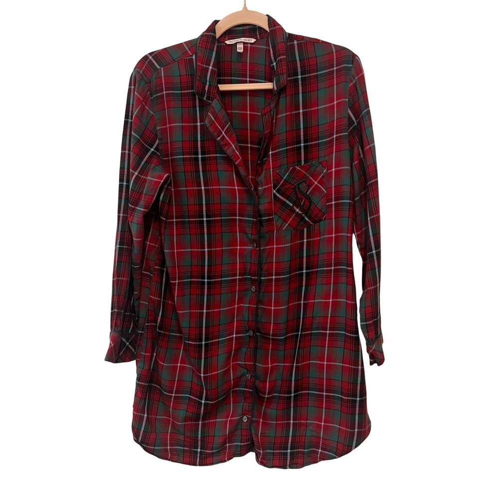 Victoria's Secret Sleep Shirt Womens XS Red Plaid Button Down 1622